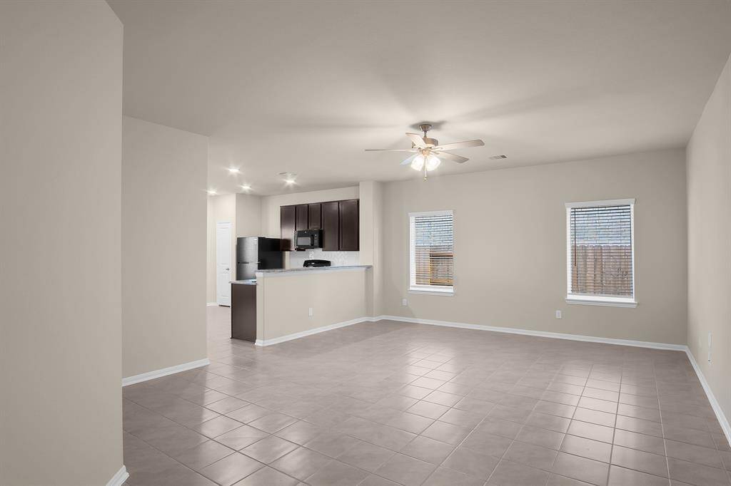 View of the spacious living room and kitchen