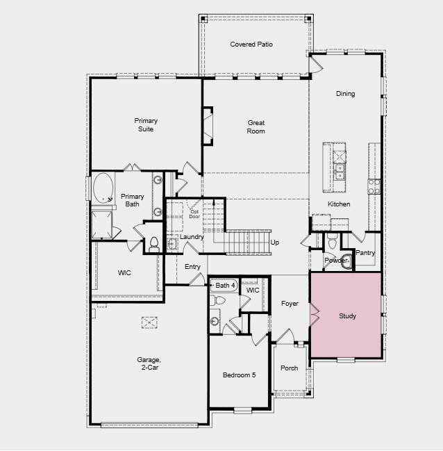 Additional highlights include: private study, fireplace in the great room, and drop-in tub in the primary bathroom.