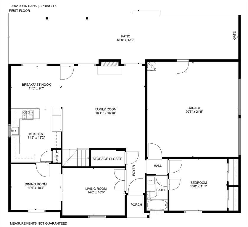 Open plan first floor with a formal living and dining room plus one bedroom and full bath.