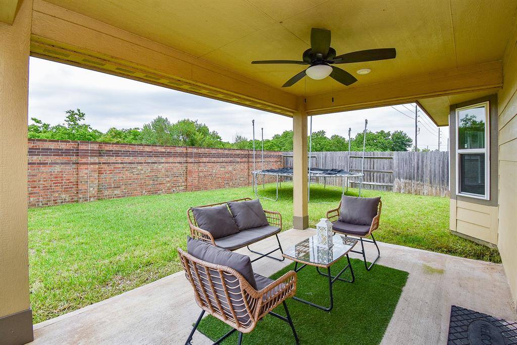 What a marvelous look from under the covered patio to your fenced in backyard!