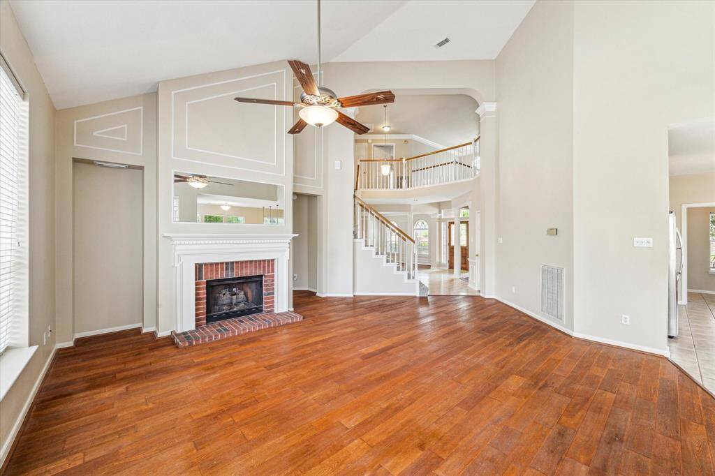The fireplace is the focal point of this beautiful room!