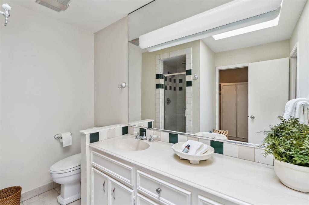 Another full bathroom featuring a skylight, walk-in shower, and plenty of potential to customize.