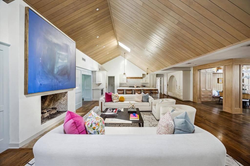 View of the family room and kitchen.
