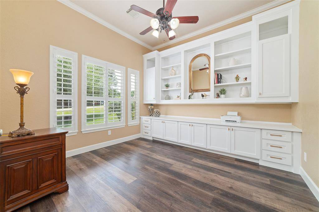 Stylish and practical, the workspace blends seamlessly with the rest of the home’s elevated design.