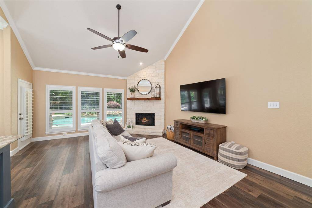 Plantation shutters are featured throughout the entire home, adding charm, style, and functionality.