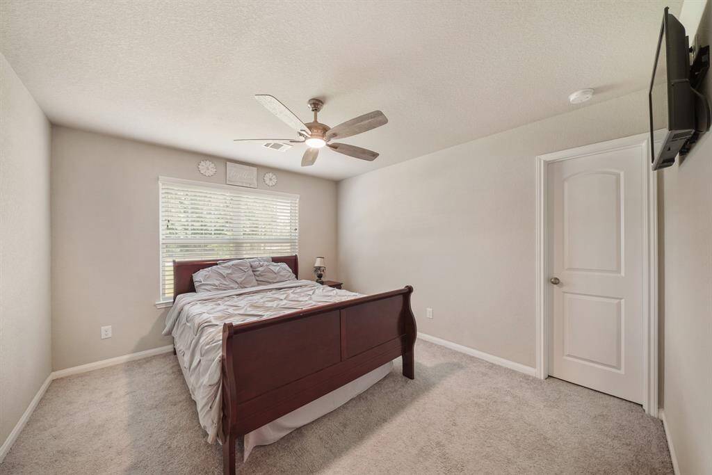 Secondary bedroom with carpet floors, large windows with privacy blinds, and a ceiling fan.