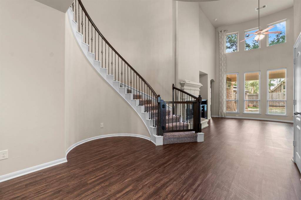 Staircase and family room