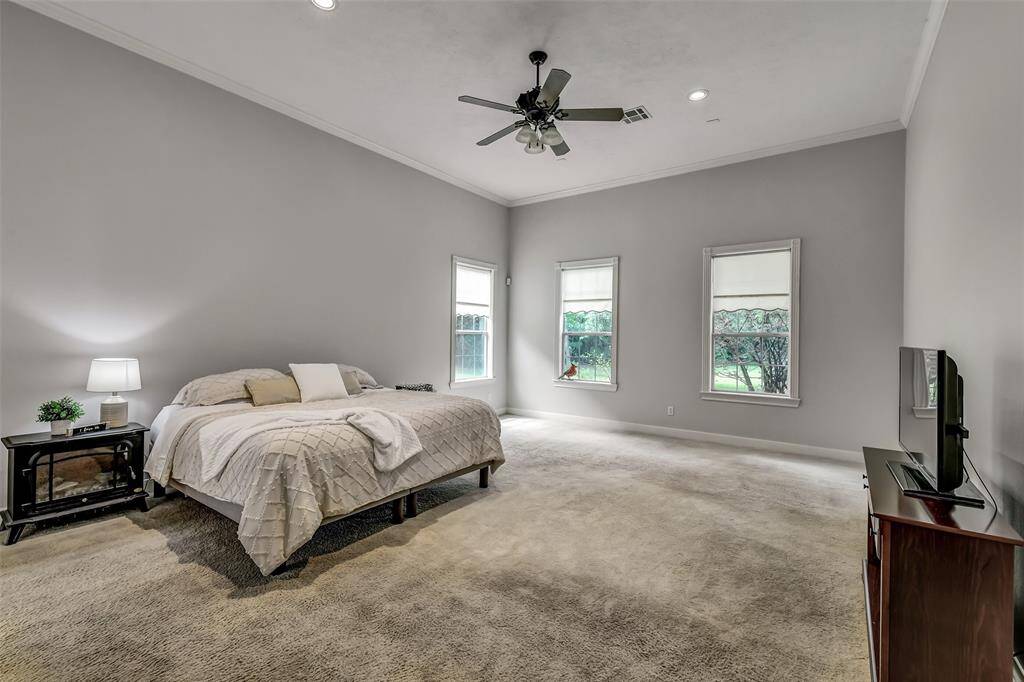 HUGE primary bedroom with freshly painted walls, high ceilings, crown molding.