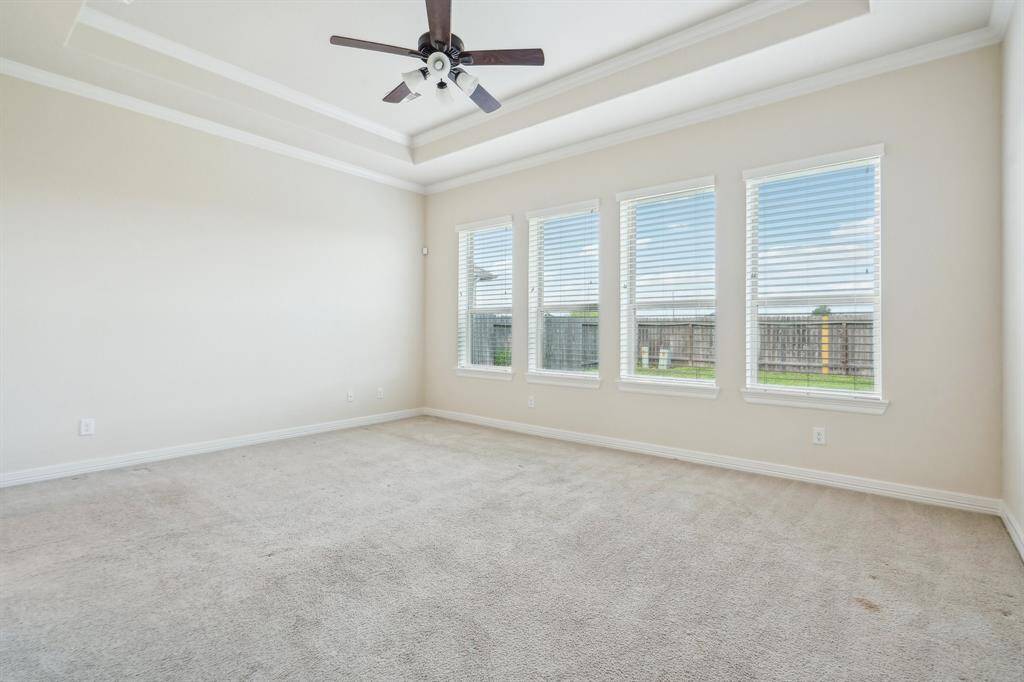 Primary suite looks out on the back yard and features a tray ceiling and wall of windows.