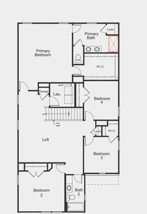 The upstairs floor plan reveals a well-designed layout featuring a spacious game room at the center, separating the primary suite from the secondary bedrooms. Conveniently, the utility room is also upstairs, making laundry tasks easier and more efficient.