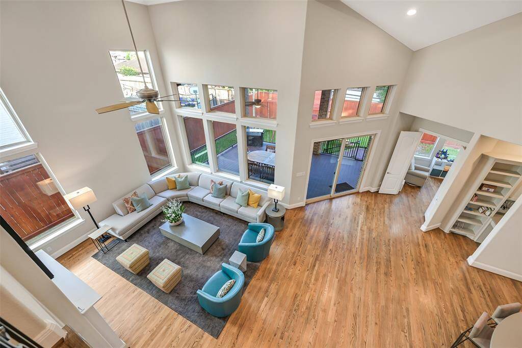 A view of the family room looking down from the above.