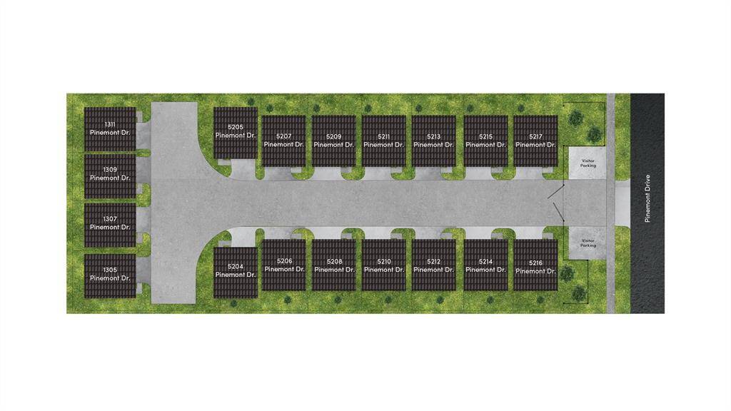 This site plan demonstrates the placement of all 18 homes now READY at Pinemont Grove!