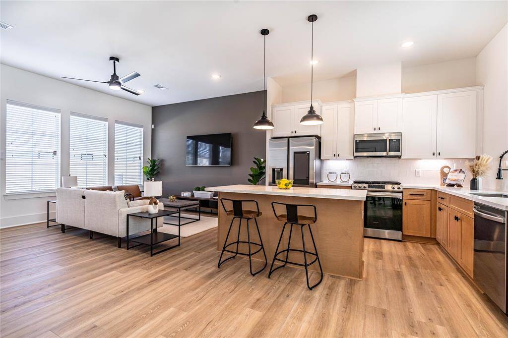 View of the kitchen and the living room