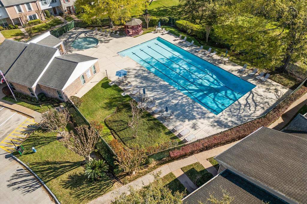 Aerial perspective of the lap pool and kids pool.