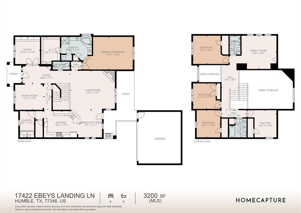 This floor plan showcases a spacious two-story home with a main level featuring a primary bedroom with ensuite, office, living and dining rooms, kitchen, laundry, and a patio. The upper level includes three additional bedrooms, a family room, and a theater. The total area is 3,200 sq ft with a 4-bed, 4-bath configuration and an attached garage.