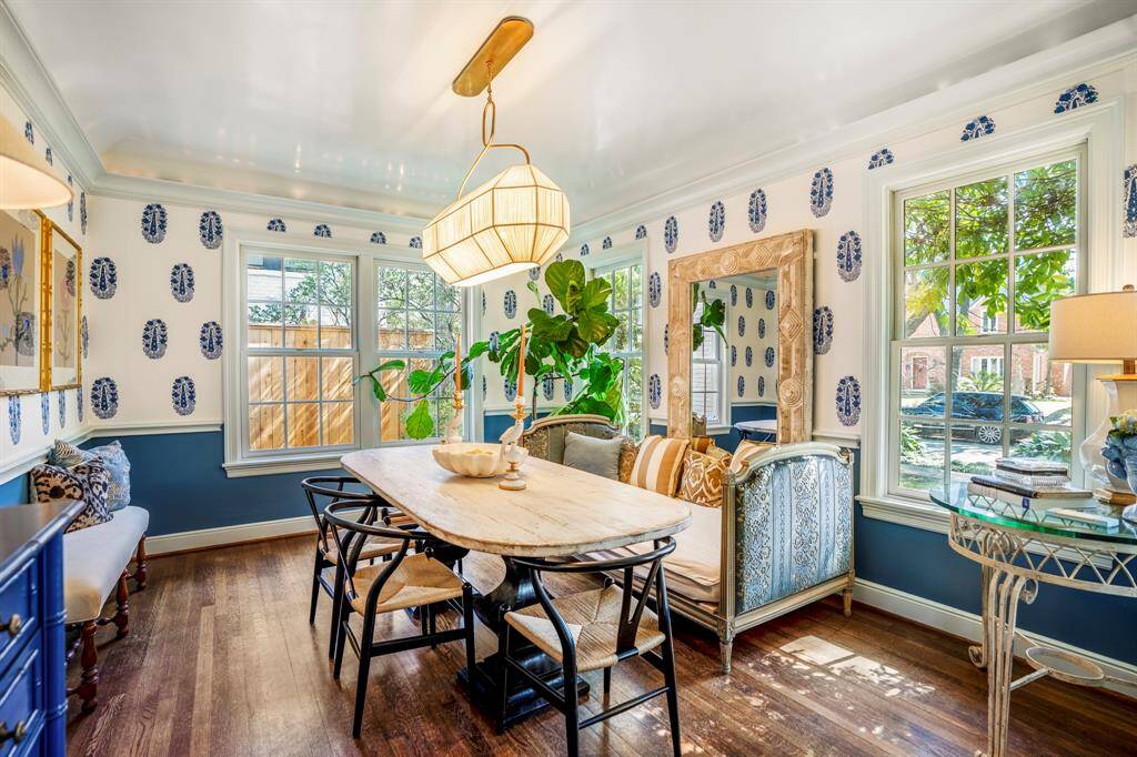 Gather, celebrate, and make memories—this elegant dining room is the heart of every special occasion. Wrapped in Schumacher wallpaper, this dining room exudes timeless elegance.