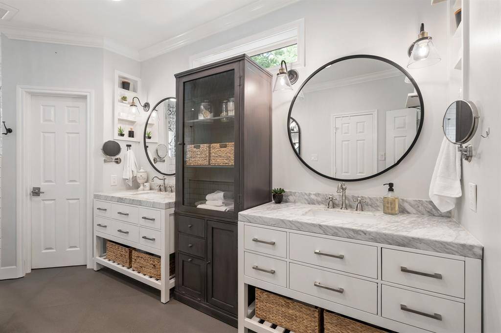 The double vanities with their storage are great!  Functional and pretty!