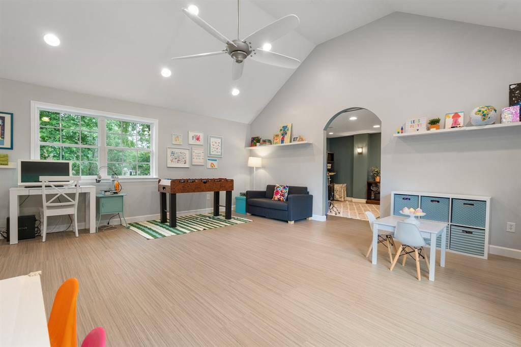 Now for the upstairs!  Let's start with this game room.  The floors Forbo European Marmoleum and are durable and nice looking.