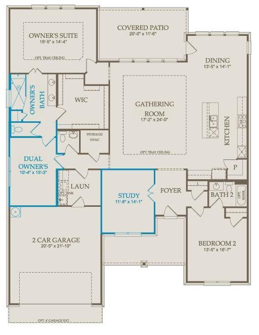 Magnolia Floorplan, Dual owner's suite, Spa Shower + Study with French Doors.