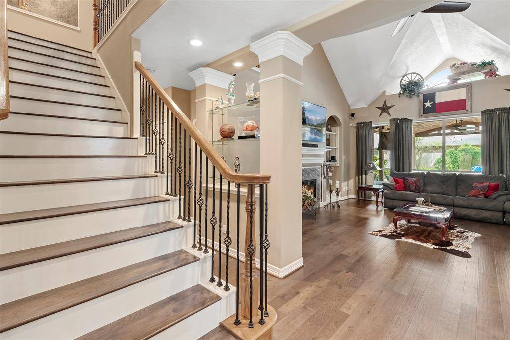 Home features an elegant staircase.