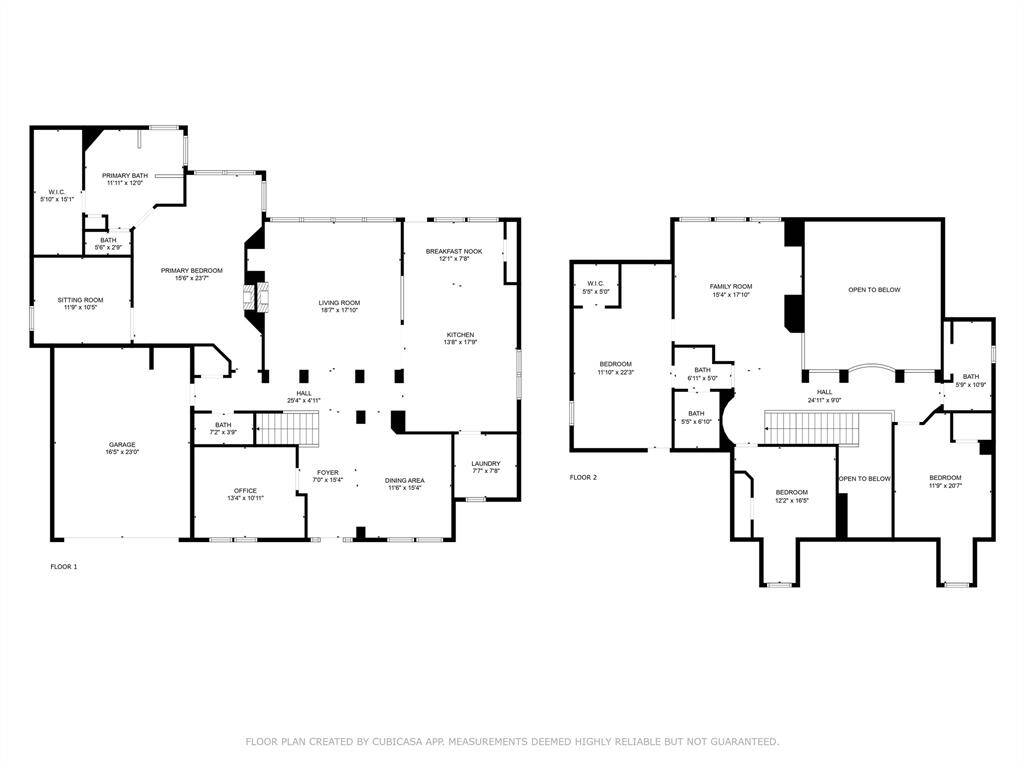 This floor plan features a spacious two-story home with a primary bedroom suite on the first floor, including a sitting room and large bath. The first floor also includes an open living area, kitchen with breakfast nook, dining area, office, and garage. The second floor offers three additional bedrooms, two bathrooms, a game room, and open spaces overlooking the lower level.