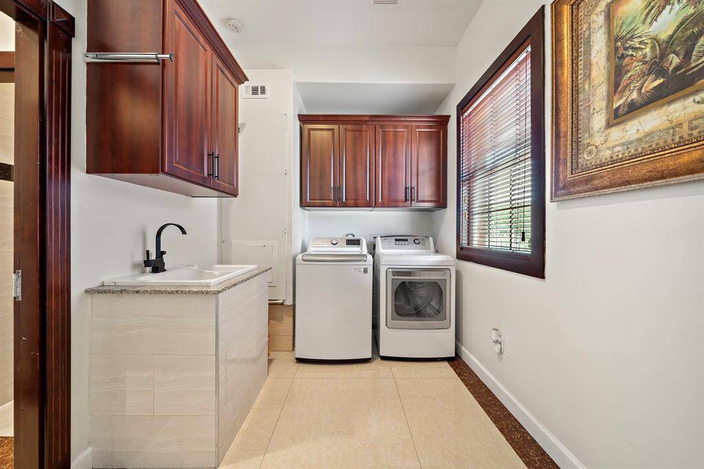 Downstairs laundry room with a sink.