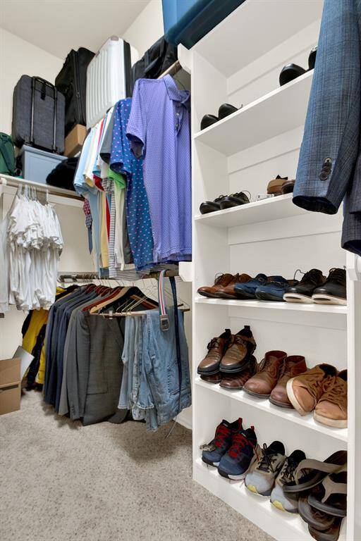 Spacious walk-in closet with ample shelving and hanging space, perfect for organizing clothes and shoes. Carpeted flooring adds comfort and a tidy look.