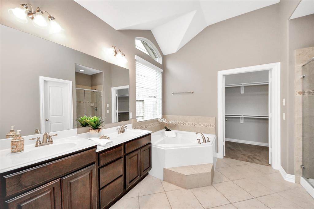 The primary bathroom has a standing shower, a walk-in tub, and a pair of washbasins, one of which is elevated.