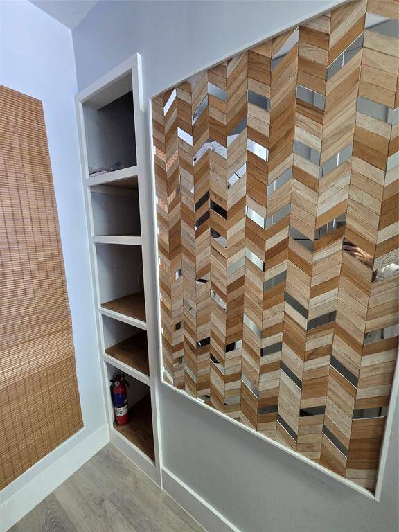 artsy decor board, open storage shelving