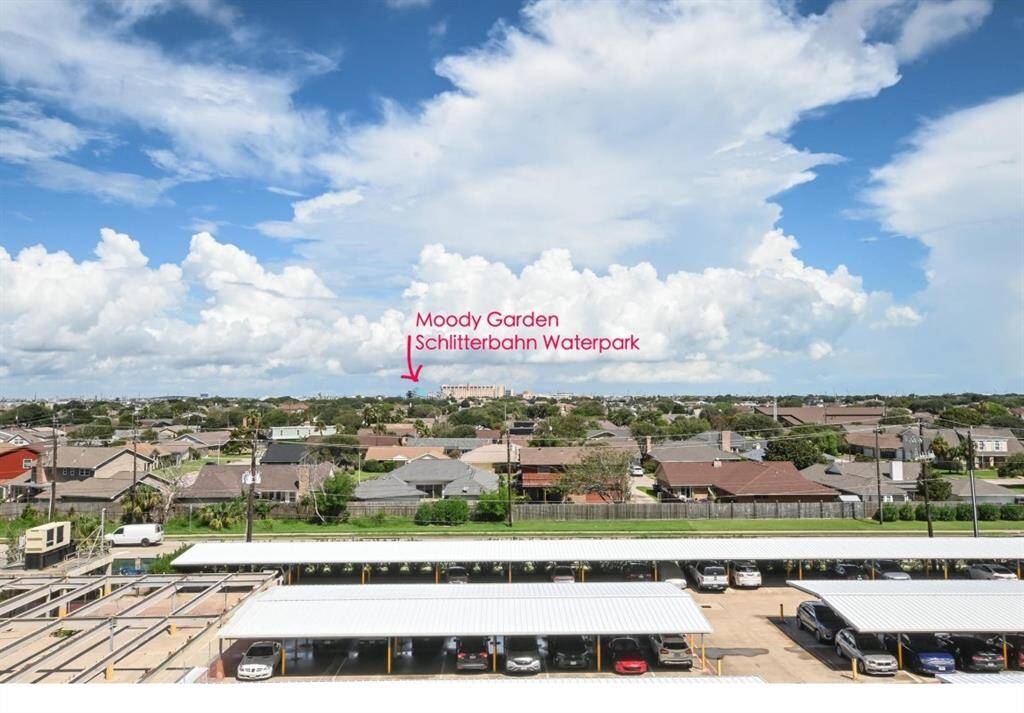 To the west you will see the proximity of Moody Gardens and the Schlitterbahn