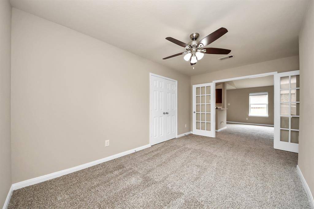 View from inside the Home Office, through the French doors to the living room.