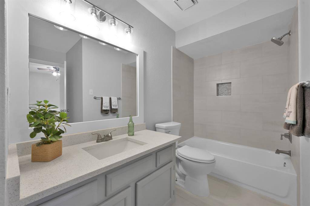 The hall bath has a tub/shower combo and is beautiful.