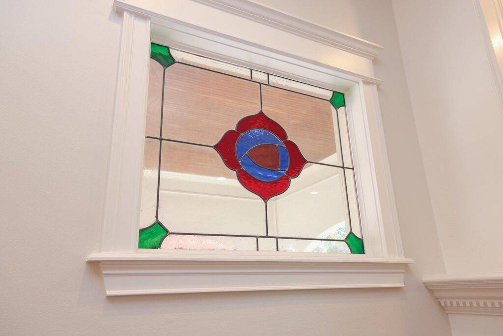 Close up of one of the stained glass windows in the living room.