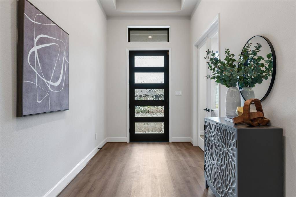 Contemporary ebony painted mahogany front door with flemish glass for privacy and modern exterior lighting.