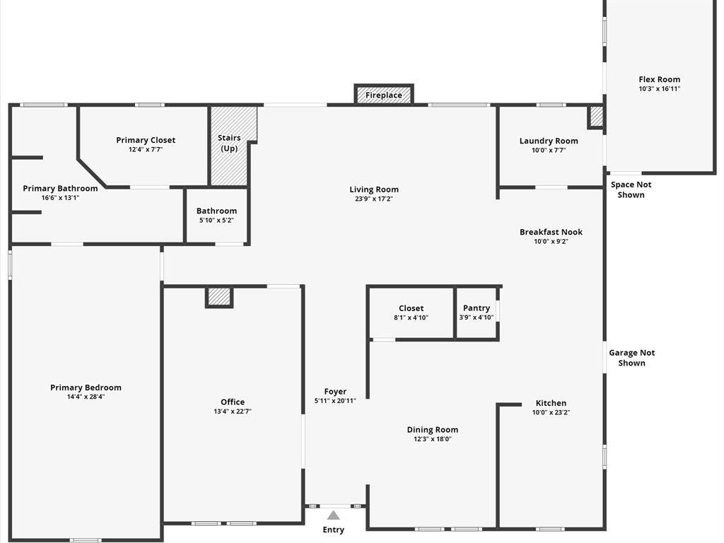 This is a spacious first floor plan featuring a large primary bedroom with an en-suite bathroom and walk-in closet. The layout includes a living room with a fireplace, an office, and a dining room adjacent to the kitchen. There's a breakfast nook, laundry room, and a flex room for versatile use. The foyer offers a welcoming entryway.