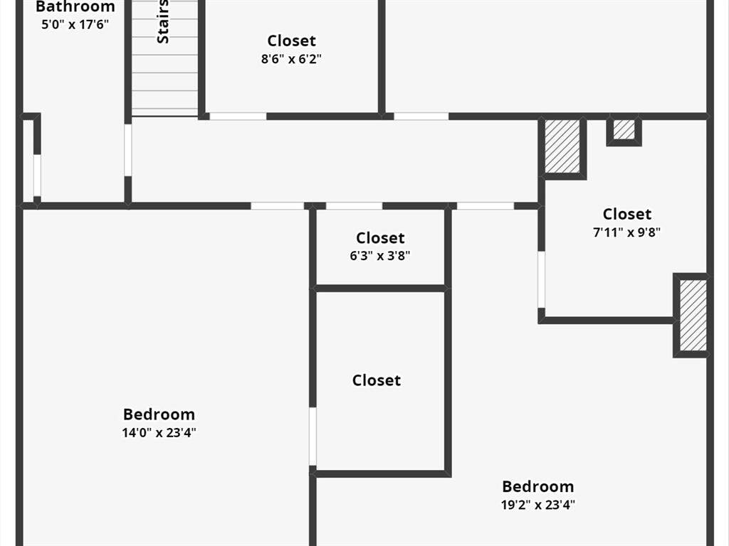 This floor plan features 2nd floor  w/three spacious bedrooms (14' x 23'4" and 19'2" x 23'4"), a bathroom (5' x 17'6"), and multiple closets for ample storage. There is also a staircase providing access to other levels.