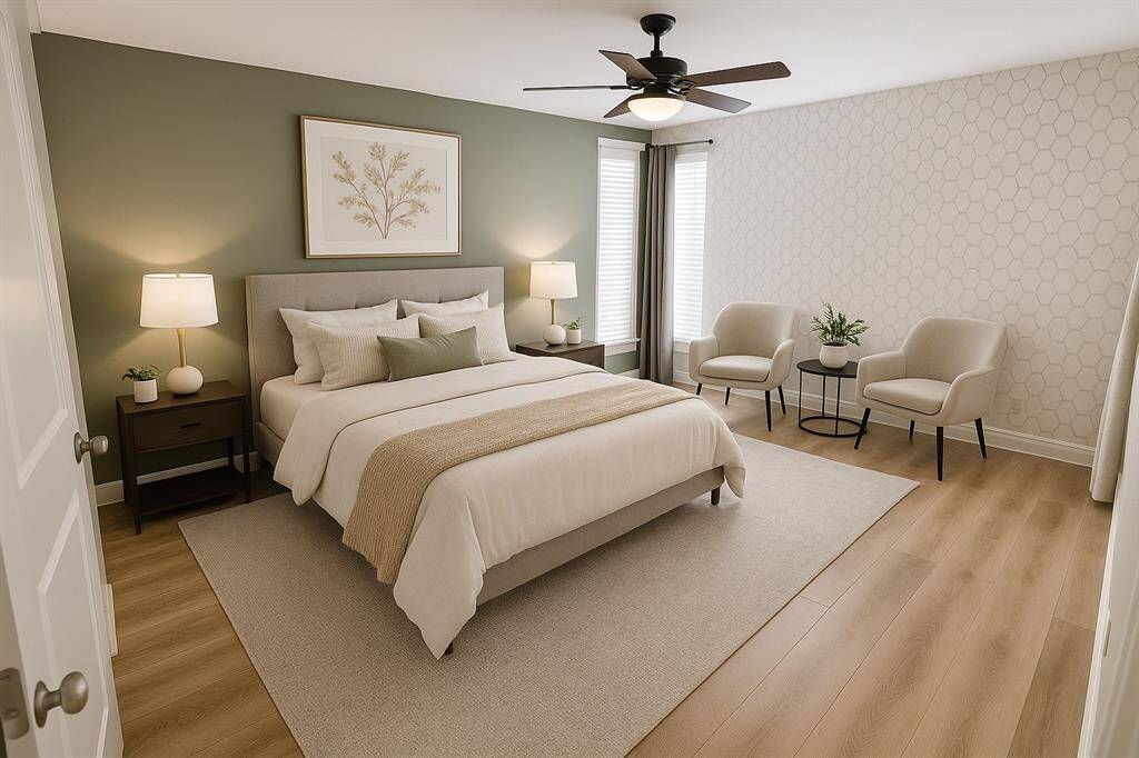 Virtually staged primary bedroom.