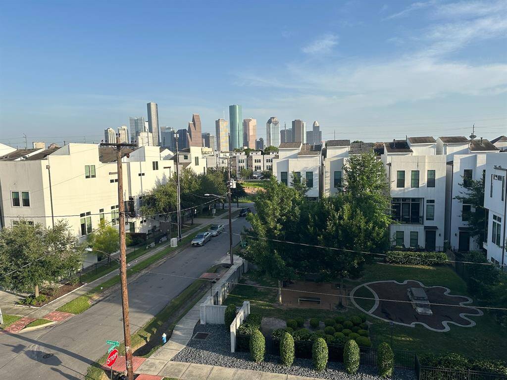 Gorgeous view of Downtown Houston and dog park from rooftop terrace