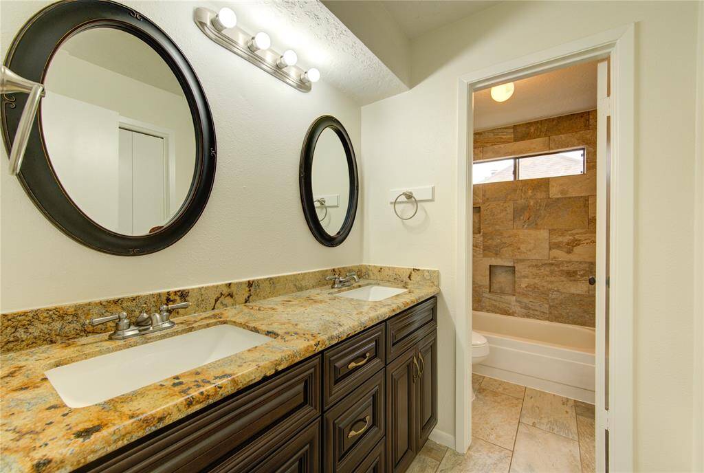 Upstairs bathroom with double sinks!