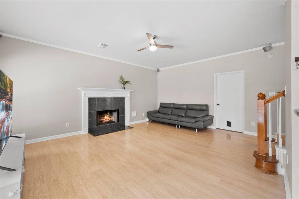 The family room and the grand fireplace.