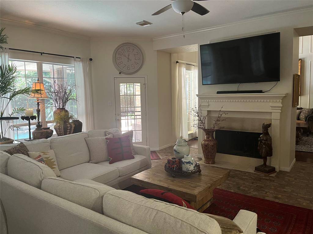 Downstairs family room fireplace view