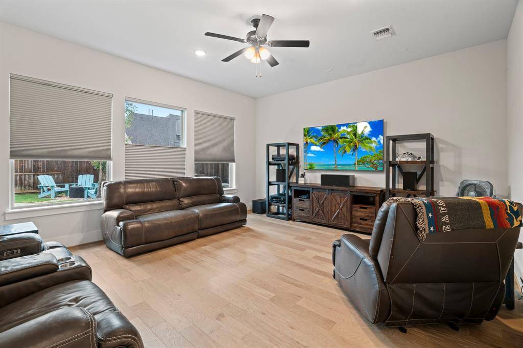 Movie nights, game days, or winding down. The cozy media room features blackout shades, surround sound setup, and a comfortable layout.
