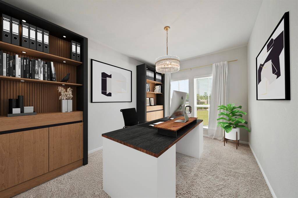Virtually Staged: Primary bedroom with carpet floors, vaulted ceiling with a ceiling fan, large windows with blinds, and an ensuite bathroom.