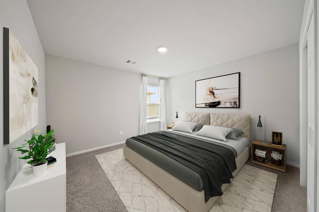 Virtually Staged: Secondary bedroom with carpet floors, a built-in closet, and a window with privacy blinds.