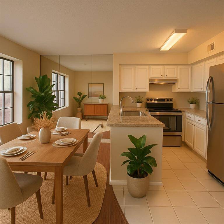 Virtually staged dining/kitchen space.