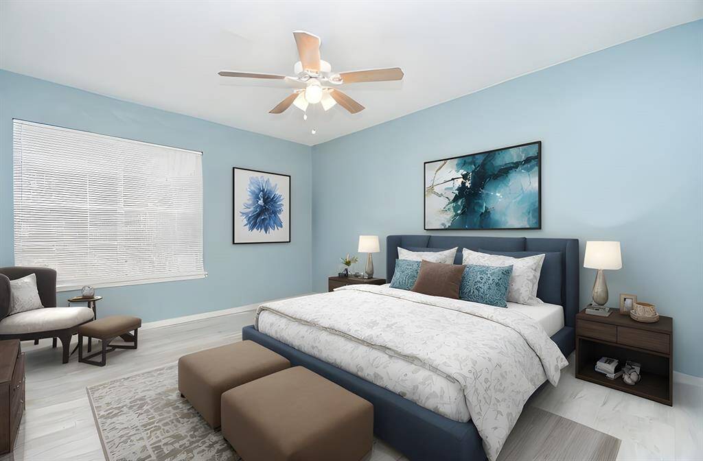 Spacious primary bedroom virtually staged by AI.