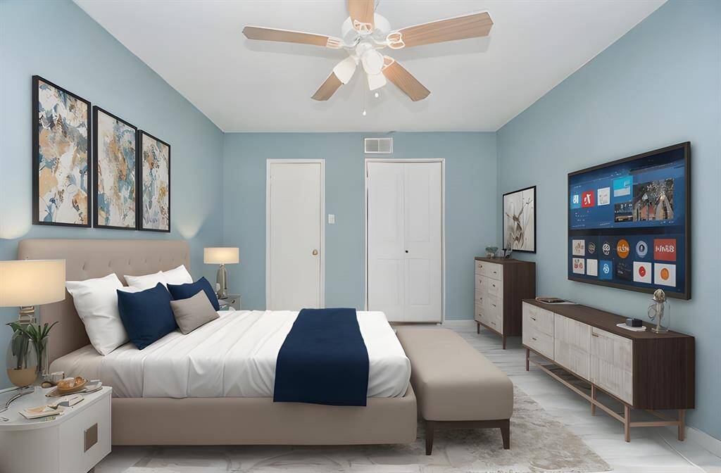 Spacious primary bedroom virtually staged by AI.