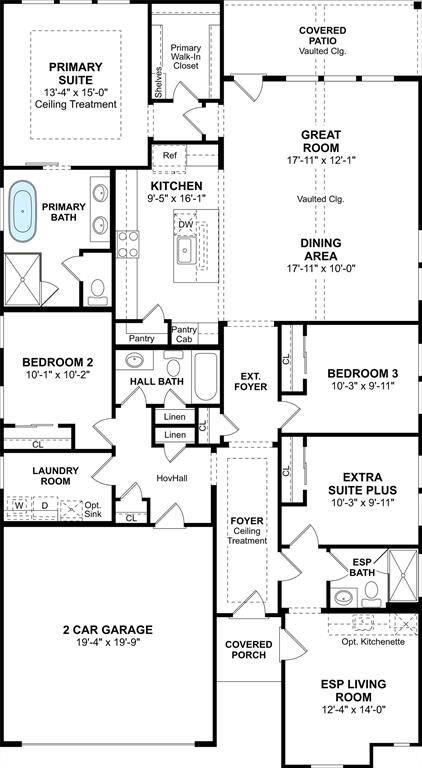 The Pasadena ESP floor plan by K. Hovnanian Homes. 1st floor shown. *Prices, plans, dimensions, features, specifications, materials, and availability of homes or communities are subject to change without notice or obligation.