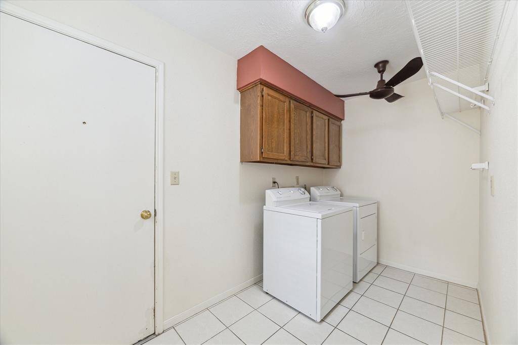 This extra-large utility room includes built-in cabinetry for household storage, washer connections, and both gas and electric dryer hookups. There’s also plenty of space for a second refrigerator or freezer for added convenience.