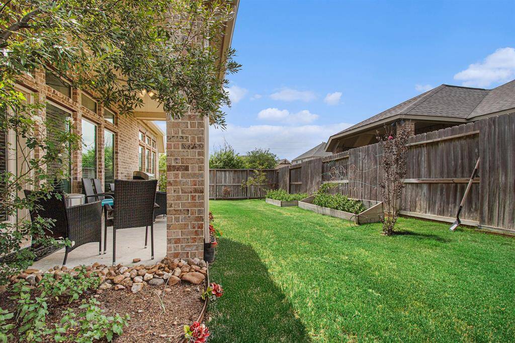 Large back yard area with raised garden beds